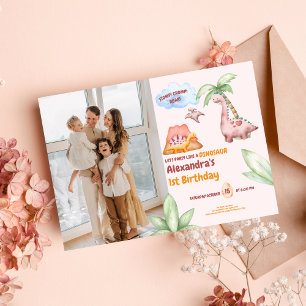 Invitation Dinosaur Stomp Chomp Rawer 1ère fille de fête d'an