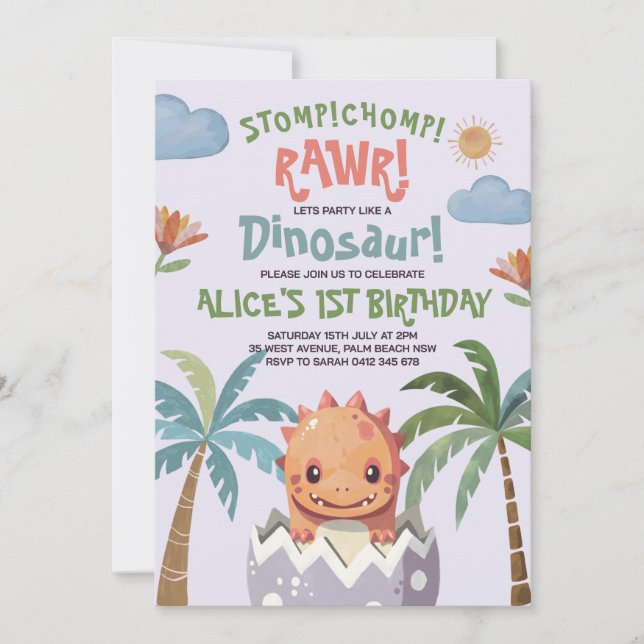 Invitation Dinosaur Stomp Chomp Rawr 1er anniversaire de fête (Devant)