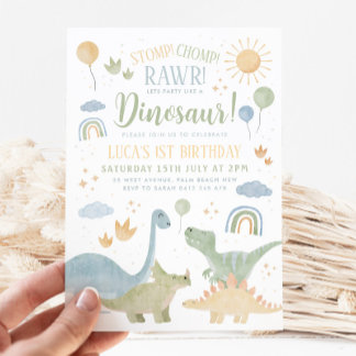 Invitation Dinosaur Stomp Chomp Rawr 1er anniversaire de fête