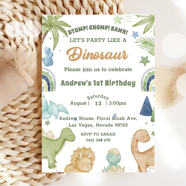 Invitation Dinosaur Stomp Chomp Rawr 1er anniversaire de fête (Créateur téléchargé)