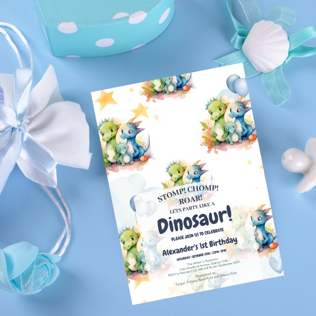 Invitation Dinosaur Stomp Chomp Rawr 1er anniversaire de fête (Créateur téléchargé)