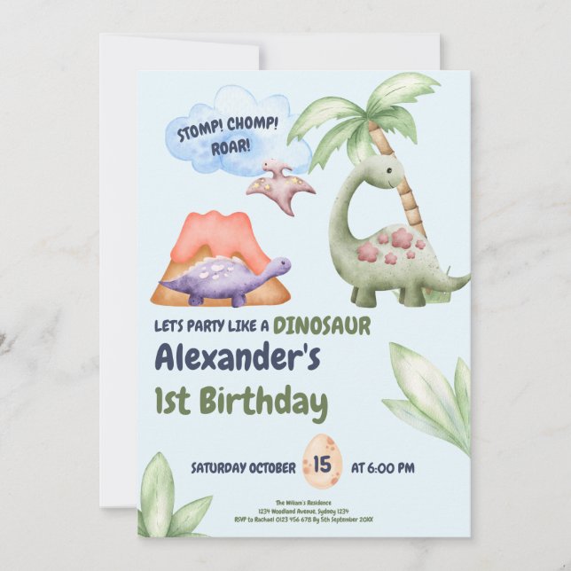 Invitation Dinosaur Stomp Chomp Rawr 1er anniversaire de fête (Devant)