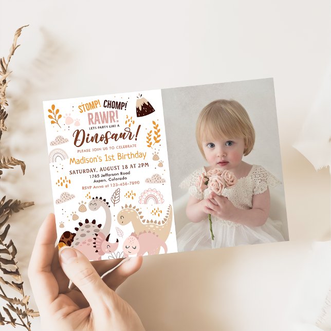 Invitation Dinosaur Stomp Chomp Rawr 1er Anniversaire Photo (Créateur téléchargé)