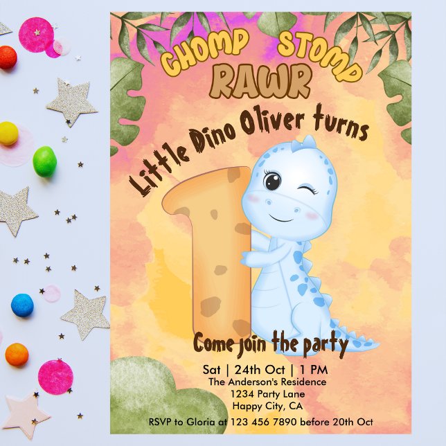 Invitation Dinosaur Stomp Chomp Rawr 1ère fête d'anniversaire (Créateur téléchargé)