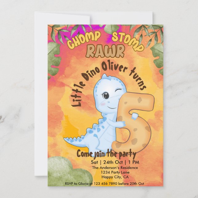 Invitation Dinosaur Stomp Chomp Rawr 5e anniversaire fête (Devant)