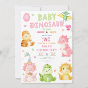 Invitation Dinosaur Stomp Chomp Rawr Fille de fête d'annivers