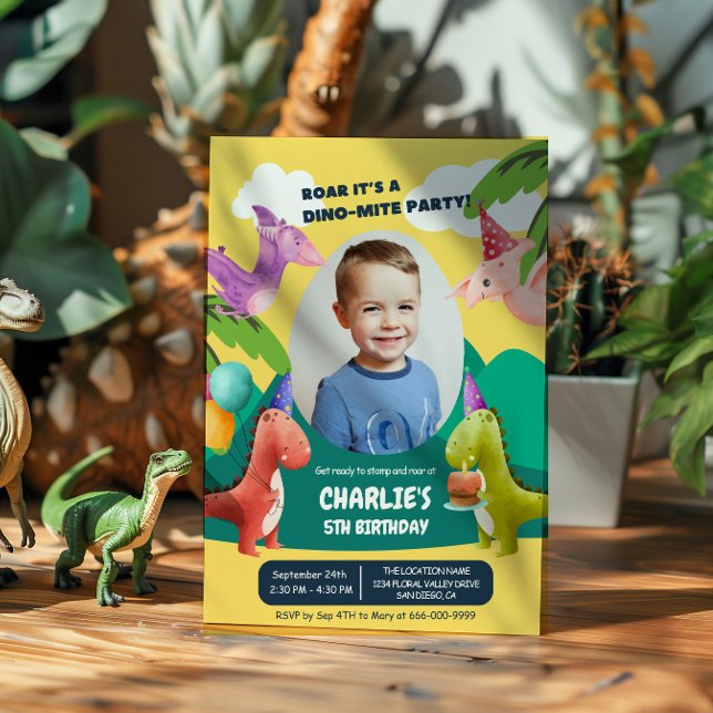 Invitation Dinosaur Stomp Chomp Roar Anniversaire de la fête  (Dinosaur Birthday Party Invitation with photo)