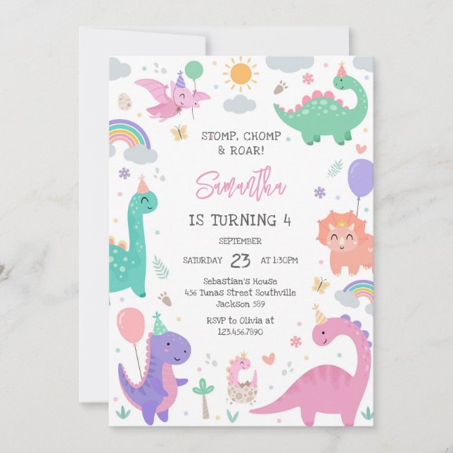 Invitation Dinosaur Stomp Chomp Roar Birthday Party  (Devant)