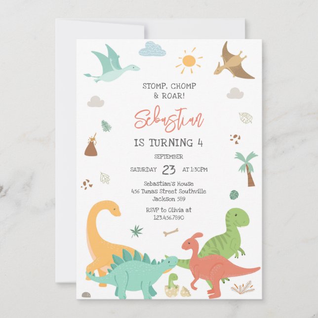Invitation Dinosaur Stomp Chomp Roar Birthday Party  (Devant)