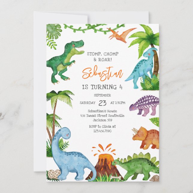 Invitation Dinosaur Stomp Chomp Roar Birthday Party  (Devant)