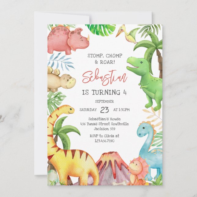 Invitation Dinosaur Stomp Chomp Roar Birthday Party (Devant)