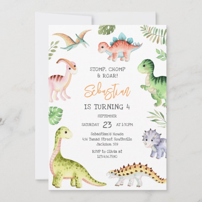 Invitation Dinosaur Stomp Chomp Roar Birthday Party (Devant)