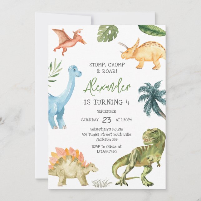 Invitation Dinosaur Stomp Chomp Roar Birthday Party (Devant)