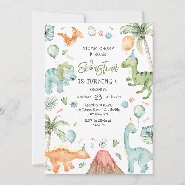 Invitation Dinosaur Stomp Chomp Roar Birthday Party (Devant)