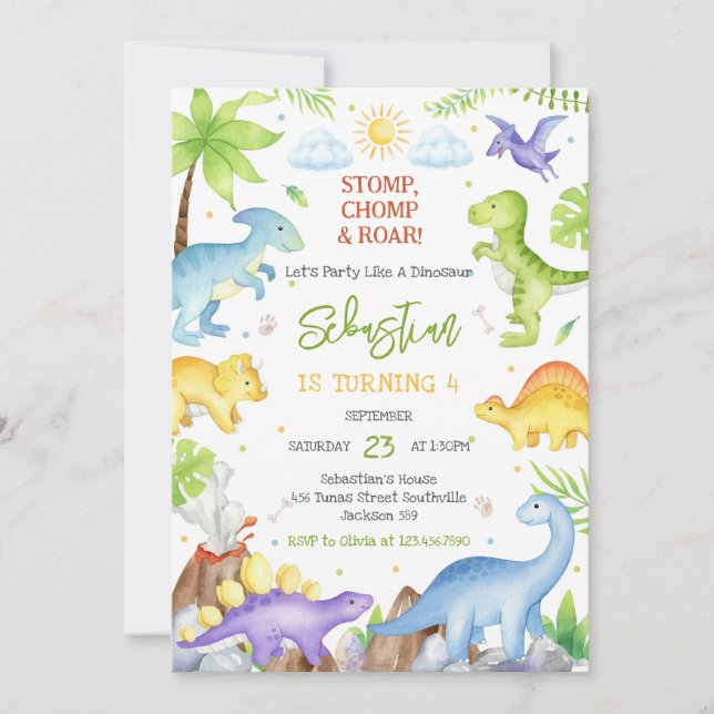 Invitation Dinosaur Stomp Chomp Roar Birthday Party  (Devant)