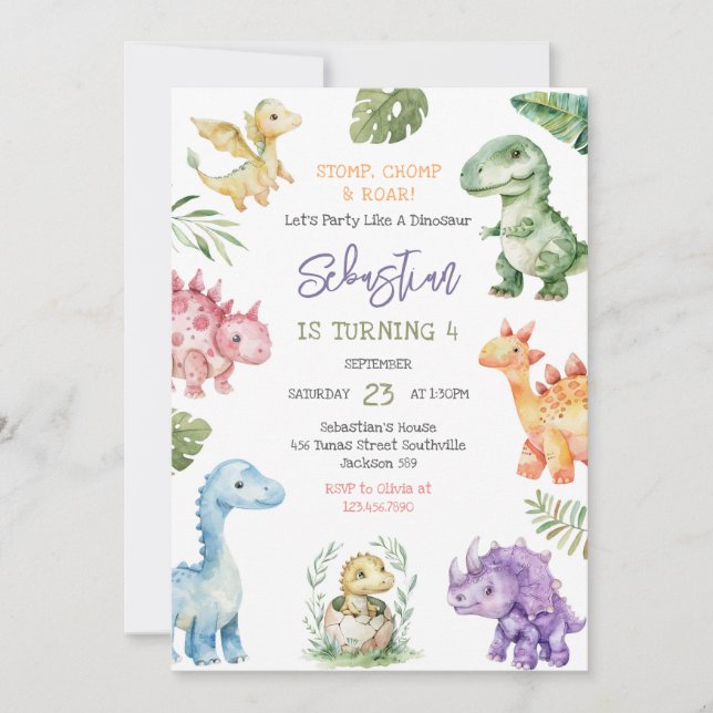 Invitation Dinosaur Stomp Chomp Roar Birthday Party (Devant)