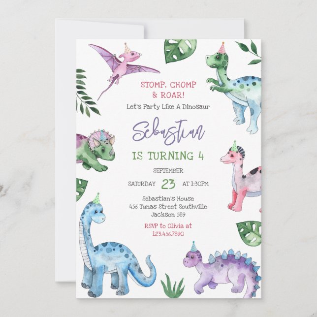 Invitation Dinosaur Stomp Chomp Roar Birthday Party  (Devant)