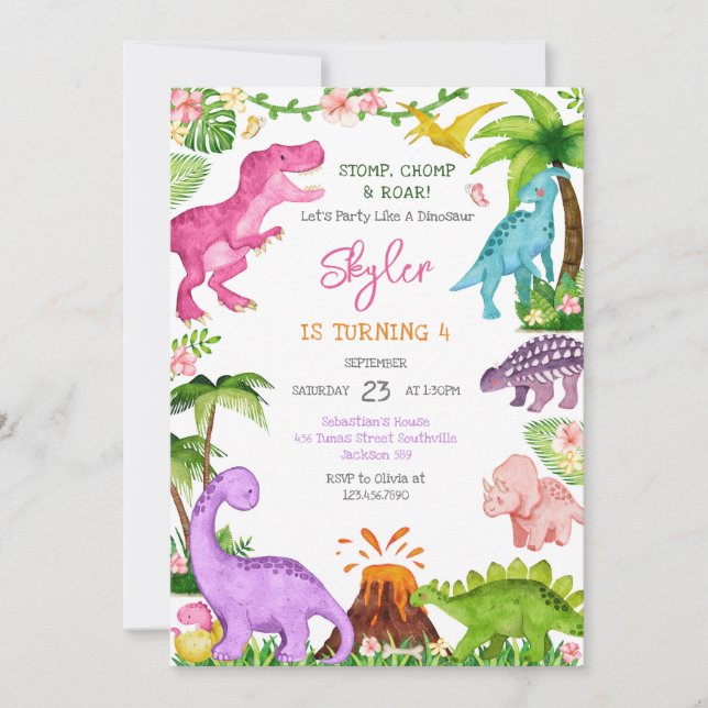 Invitation Dinosaur Stomp Chomp Roar Birthday Party (Devant)