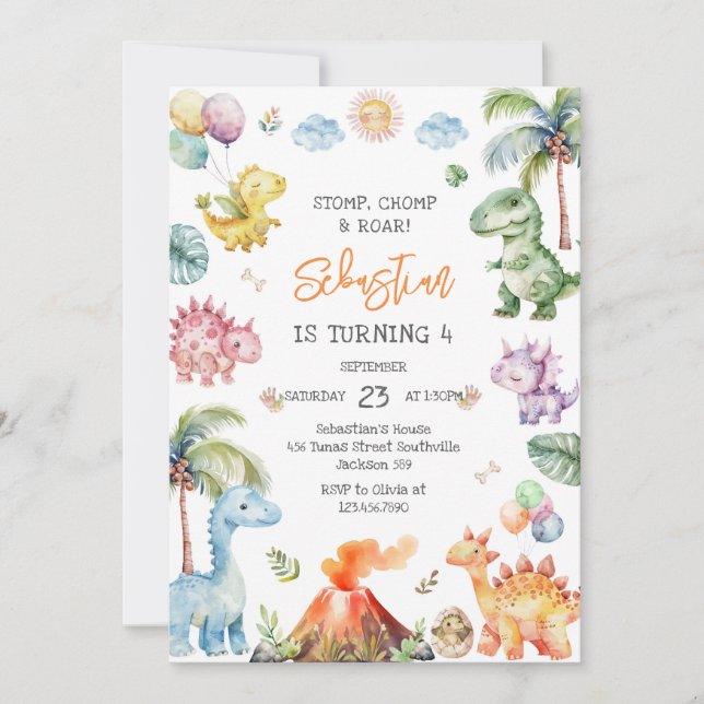 Invitation Dinosaur Stomp Chomp Roar Birthday Party (Devant)