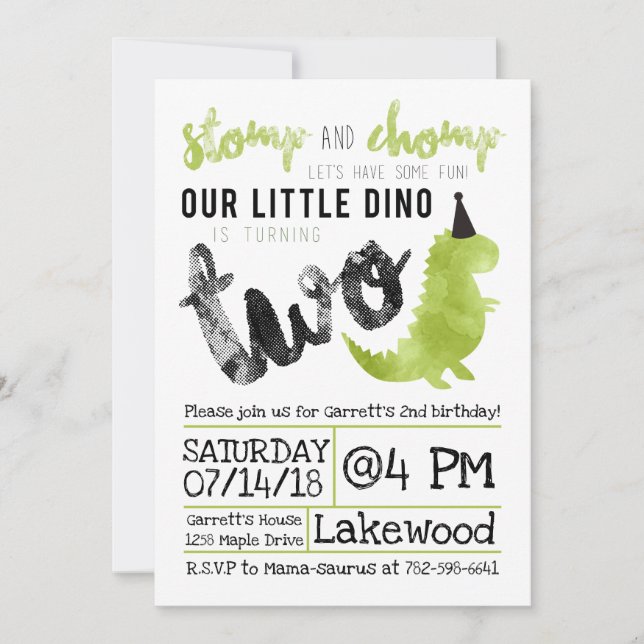 Invitation Dinosaur Stomp et Chomp 2e anniversaire (Devant)
