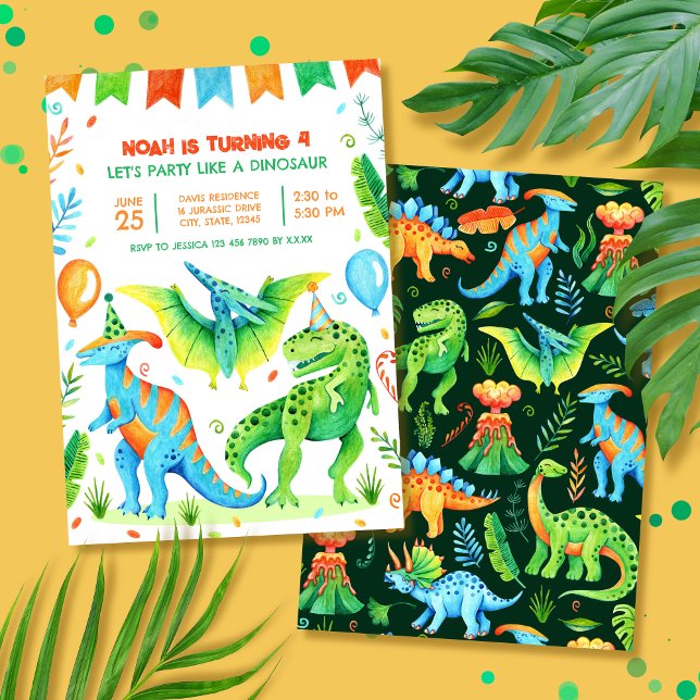 Invitation Dinosaur T rex Boys Anniversaire de fête (Dinosaur Boys Birthday Party Watercolor Invitation)