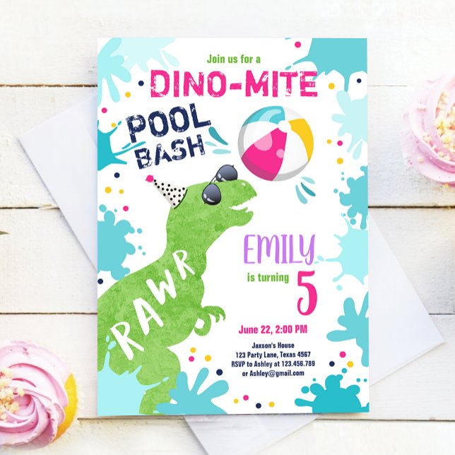 Invitation Dinosaur T-Rex Pool Party Fille rose Anniversaire (Créateur téléchargé)