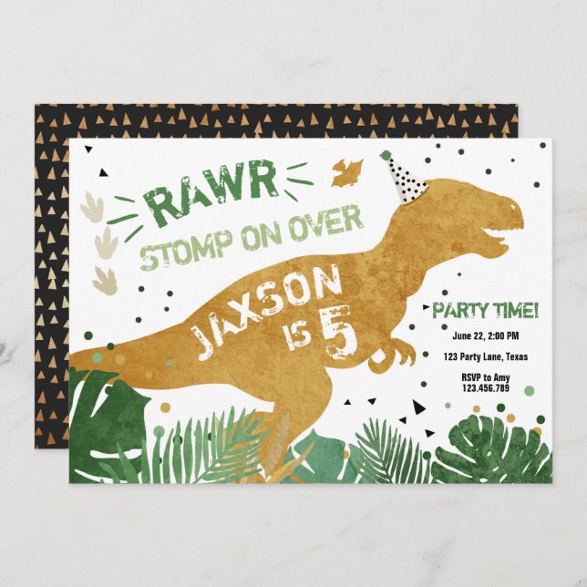 Invitation Dinosaur T-Rex RAWR Gold Green Dino Boy Anniversai (Devant / Derrière)