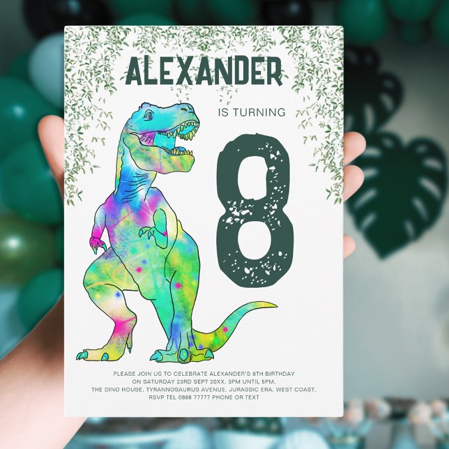Invitation Dinosaur T-Rex Roar fête d'anniversaire (T-Rex Roar dinosaur 8th birthday party invitation colorful dino art jungle foliage green typography )