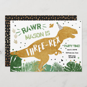 Invitation Dinosaur T-Rex Trois-Rex Gold Boy Anniversaire