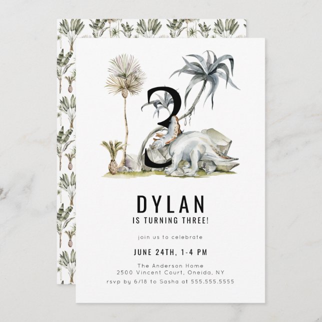 Invitation Dinosaur Thème 3ème fête d'anniversaire (Devant / Derrière)