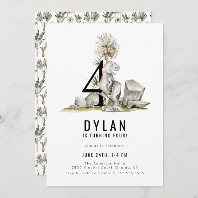 Invitation Dinosaur Thème 4ème anniversaire (Devant / Derrière)