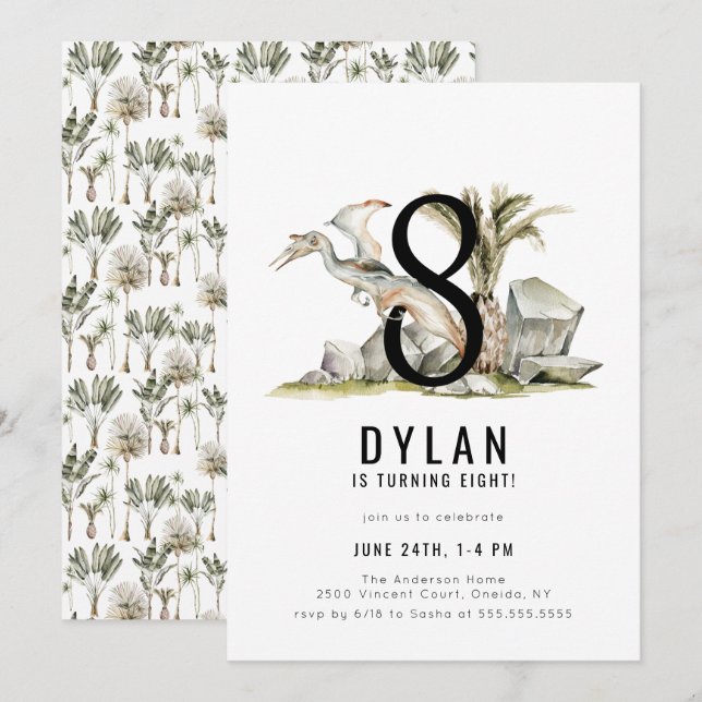 Invitation Dinosaur Thème 8ème anniversaire fête (Devant / Derrière)