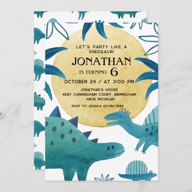 Invitation Dinosaur Theme Birthday Party (Devant / Derrière)