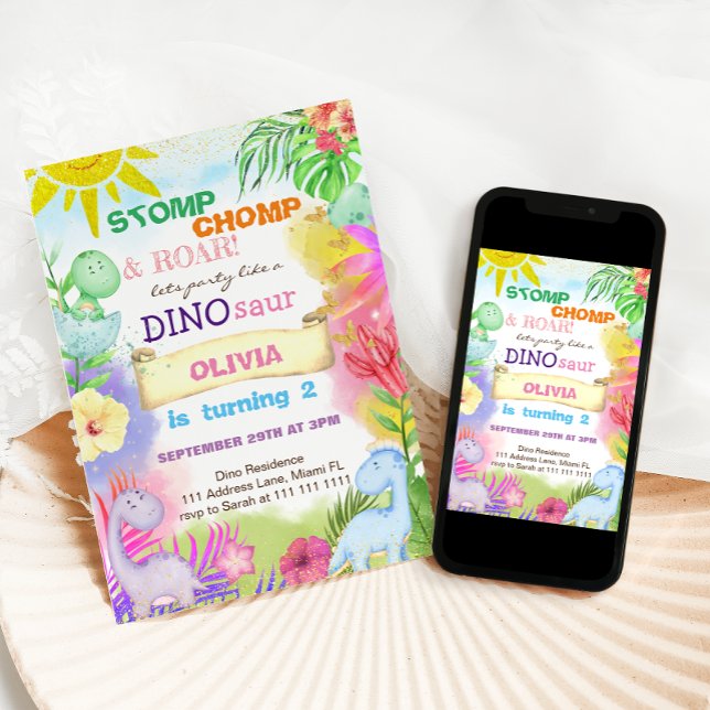 Invitation Dinosaur Thème Fille 2ème Anniversaire (Créateur téléchargé)