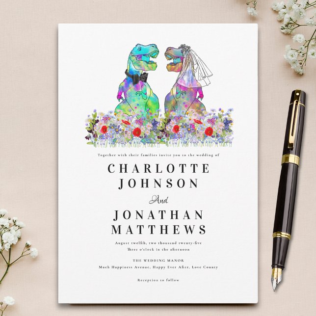 Invitation Dinosaur Thème Fleur sauvage coloré Mariage (Colorful wildflower dinosaur theme wedding invitation with fun dino bride and groom)