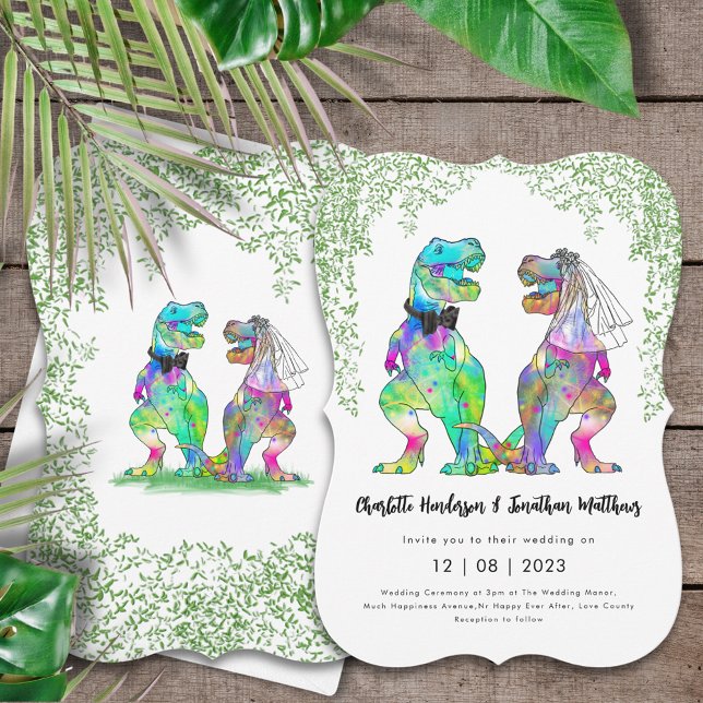 Invitation Dinosaur Thème Mariage (Colorful dinosaur wedding invitation with-Rex bride and groom Jurassic jungle prehistoric foliage )