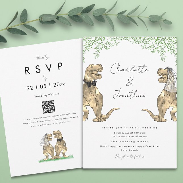Invitation Dinosaur Thème Mariage (Boho botanical dinosaur wedding invitation with qr code)