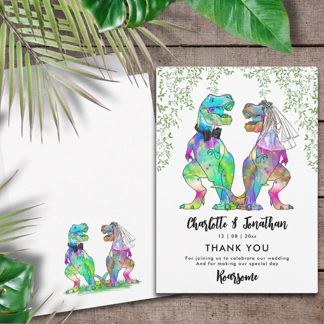 Invitation Dinosaur Thème Mariage Merci (Colorful T-Rex bride and groom funny dinosaur wedding thank you card)