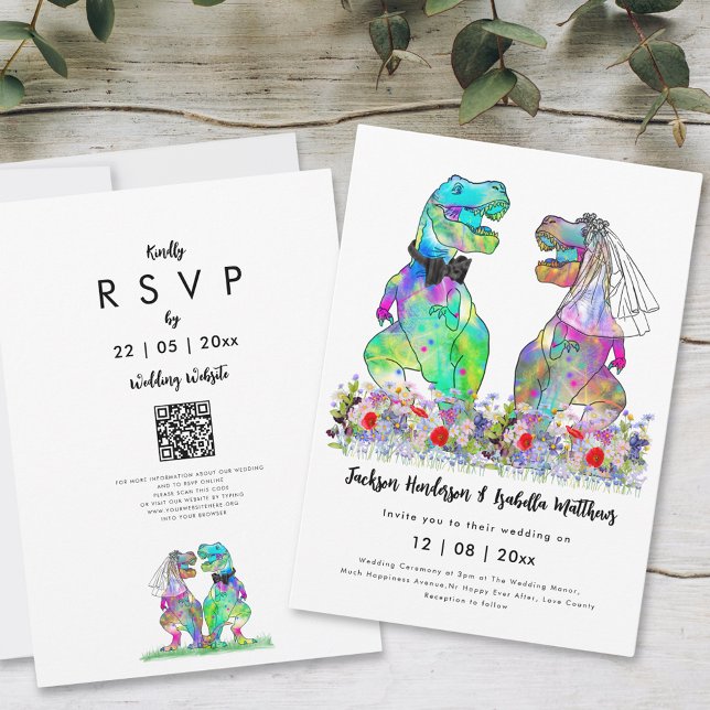 Invitation Dinosaur Thème Mariage QR Code (Dinosaur wedding inviation colorful funny T-Rex bride and groom with wildflowers)