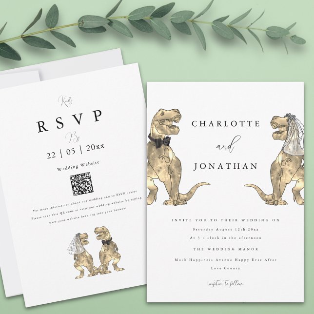 Invitation Dinosaur Thème Mariage QR code (T-Rex bride and groom funny dinosaur wedding qr code invitation )
