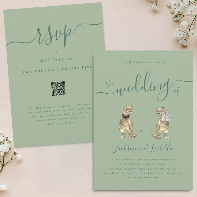 Invitation Dinosaur Thème Mariage Sage Green QR Code (Dinosaur theme wedding sage green QR code invitation Elegant modern script T-Rex dino Bride & groom)