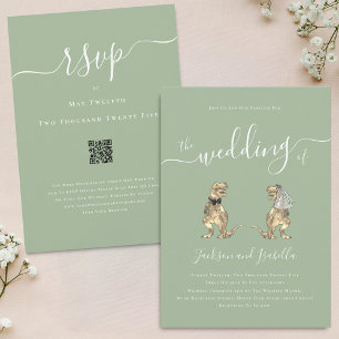 Invitation Dinosaur Thème Mariage Sage Vert Blanc QR Code
