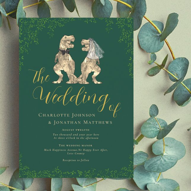 Invitation Dinosaur Thème Mariage Vert et Or (Dinosaur wedding green and gold invitation Modern elegant script T-Rex dino bride & groom eucalyptus)