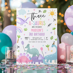 Invitation Dinosaur Trois-A-Saurs Rose 3e fête d'anniversaire