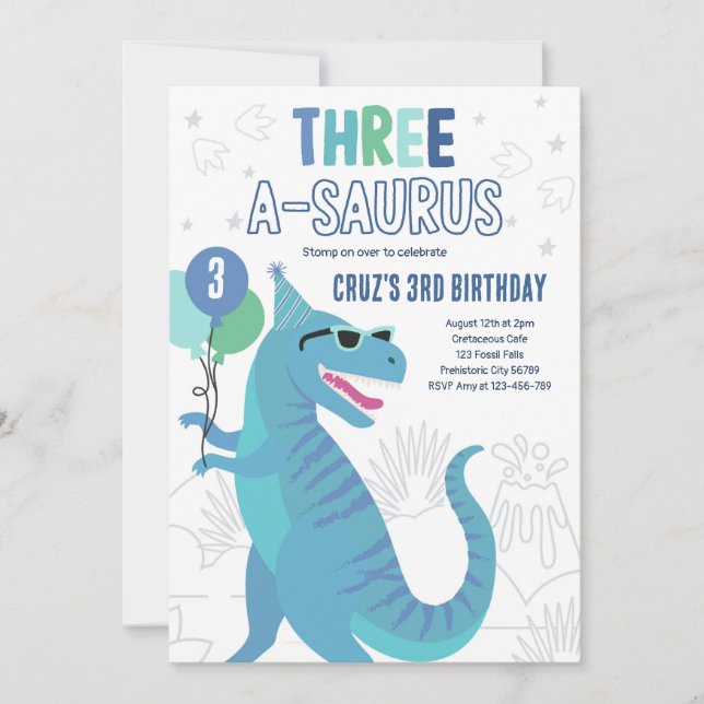 Invitation Dinosaur Trois A-Saurus 3e fête d'anniversaire T-R (Devant)