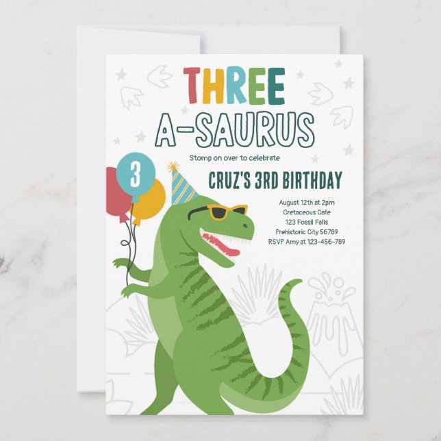 Invitation Dinosaur Trois A-Saurus 3e fête d'anniversaire T-R (Devant)