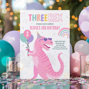 Invitation Dinosaur Trois Rex 3e Anniversaire fête rose T-Rex