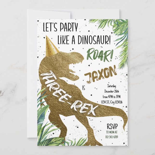 Invitation Dinosaur Trois Rex 3e Anniversaire fête T-Rex (Devant)