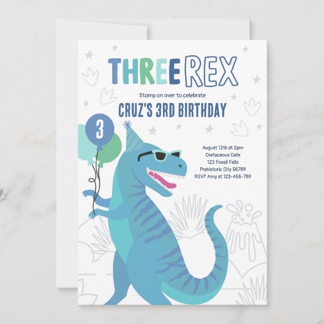Invitation Dinosaur Trois Rex 3e Anniversaire fête T-Rex (Devant)
