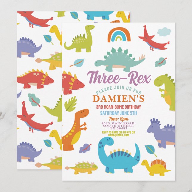 Invitation Dinosaur Trois Rex Cute Boys Party (Devant / Derrière)